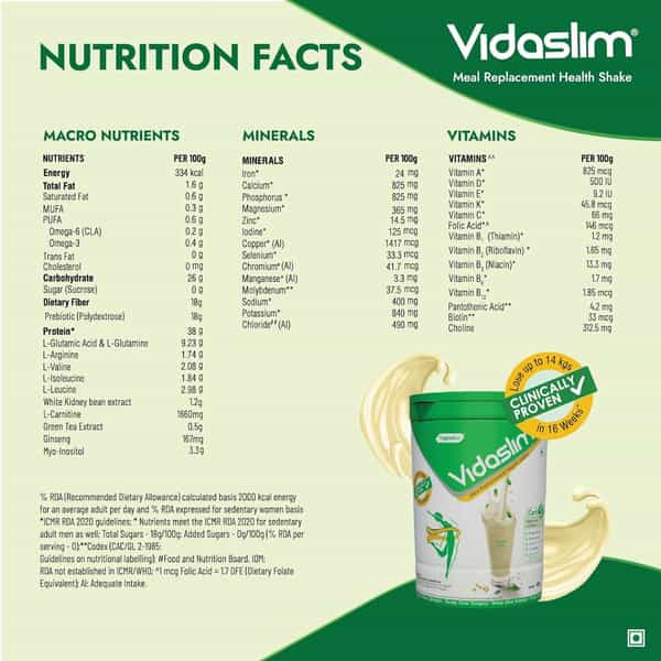Vidaslim Meal Replacement Health Shake For Weight Management Vanilla Elixir Flavour Jar Of 400Gm