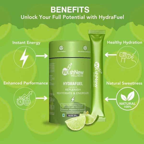 Wishnew Wellness Hydrafuel: Electrolyte-Rich Hydration Solution For Energy & Stamina (Lime & Lemon)