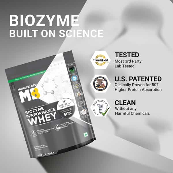 Muscleblaze Biozyme Performance Whey Protein Powder | Rich Chocolate (1Kg Refill Pack) | 25G Protein