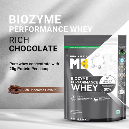 Muscleblaze Biozyme Performance Whey Protein (Rich Chocolate | 1 Kg Refill Pack)