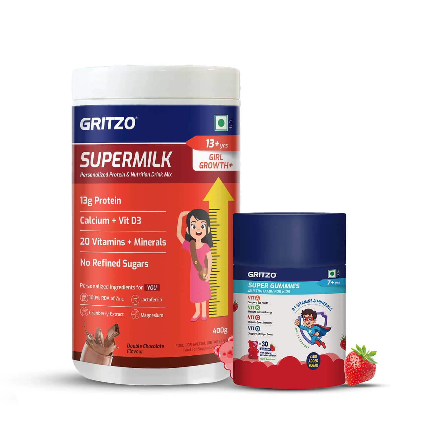 Gritzo Supermilk Growth+ (formerly Height+) (13+y Girls) (double Chocolate 400g) With Super Gummies