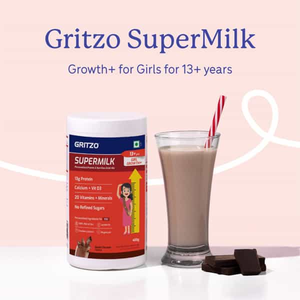 Gritzo Supermilk Growth+ (13+Y Girls) (Double Chocolate | 400G) With Super Gummies (Strawberry)