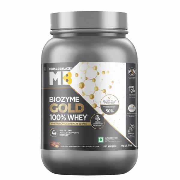 Muscleblaze Biozyme Gold 100% Whey Protein (Monk Fruit Sweetened Chocolate Hazelnut| 1Kg / 2.2 Lb)