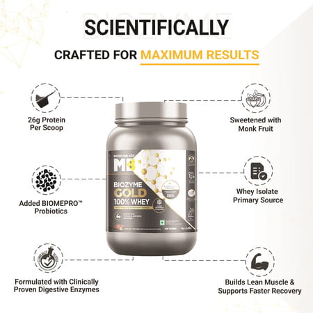 Muscleblaze Biozyme Gold 100% Whey Protein (Monk Fruit Sweetened Chocolate Hazelnut| 1Kg / 2.2 Lb)