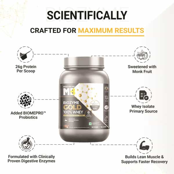 Muscleblaze Biozyme Gold 100% Whey Protein (Monk Fruit Sweetened Chocolate Hazelnut| 1Kg / 2.2 Lb)