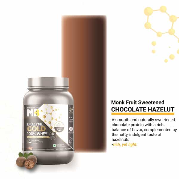 Muscleblaze Biozyme Gold 100% Whey Protein (Monk Fruit Sweetened Chocolate Hazelnut| 1Kg / 2.2 Lb)