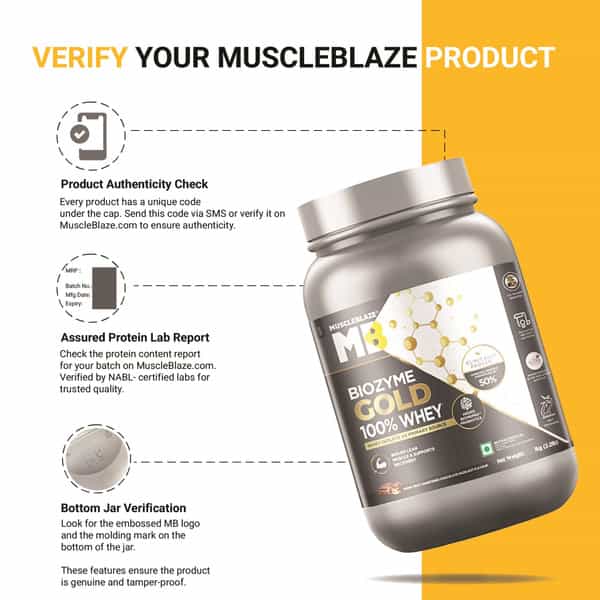 Muscleblaze Biozyme Gold 100% Whey Protein (Monk Fruit Sweetened Chocolate Hazelnut| 1Kg / 2.2 Lb)