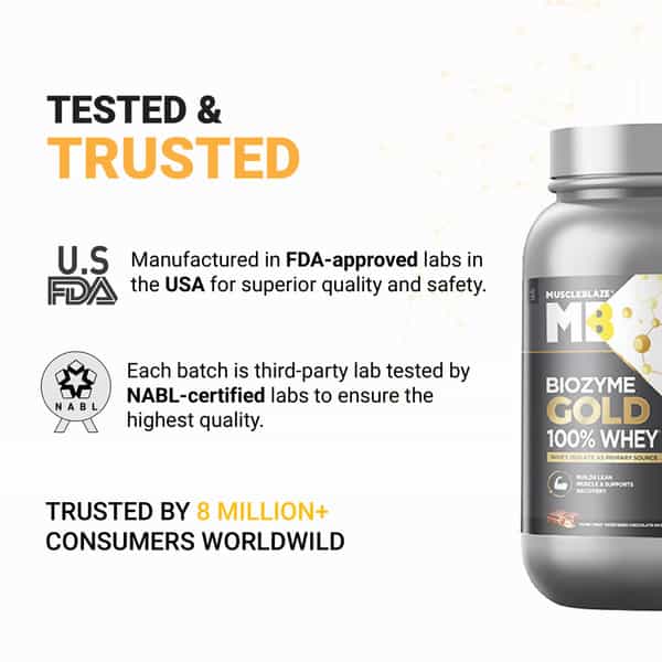 Muscleblaze Biozyme Gold 100% Whey Protein (Monk Fruit Sweetened Chocolate Hazelnut| 1Kg / 2.2 Lb)