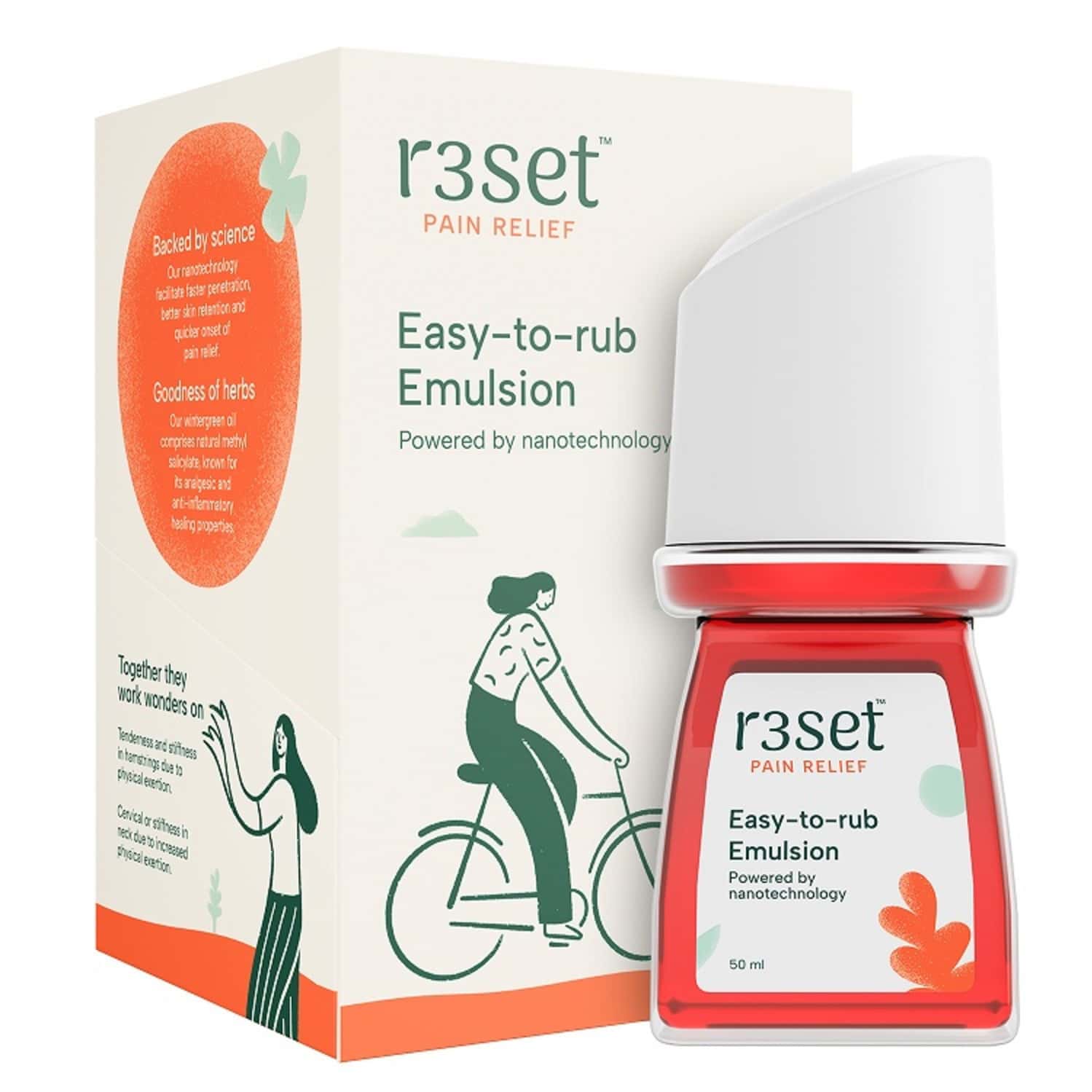 R3set Pain Relief Emulsion - 100% Natural Fast Relief For Muscle Joint & Back Pain - 50ml