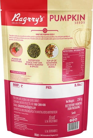 Bagrrys Pumpkin Seeds Gluten Free High Protein & Fibre 100% Vegan & Raw 250g