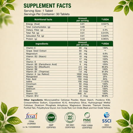 Aora Nutrivit Plus Multivitamin With Vitamins | Grape Seed Extract | 30 Tablets