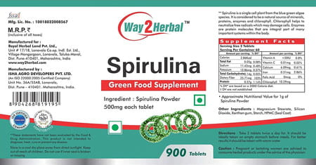 Way2herbal Spirulina Tablets Green Food Supplement - 900 Tablets 500 Mg Value Pack (Pack Of 2)