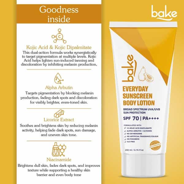 Bake Everyday Sunscreen Body Lotion Spf 70 Pa++++ For Sun Protection & Hydration