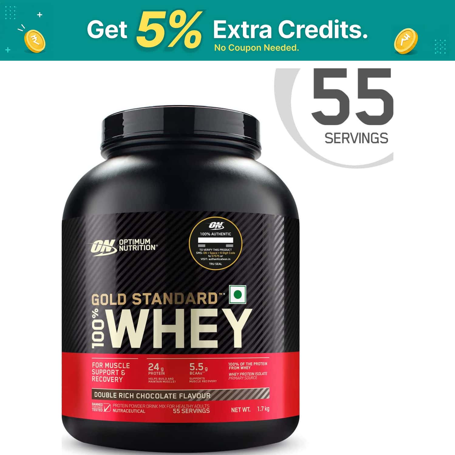 Optimum Nutrition (on) Gold Standard 100% Whey Protein Double Rich Chocolate Flavour 1.7 Kg Powder