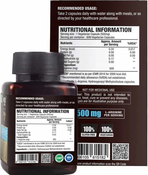 Wow Life Science 1000Mg L-Arginine Amino Acid Supplement Veg Capsules Bottle Of 60