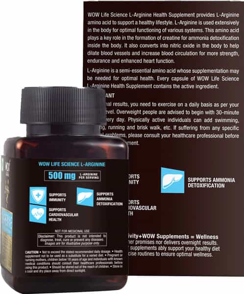 Wow Life Science 1000Mg L-Arginine Amino Acid Supplement Veg Capsules Bottle Of 60