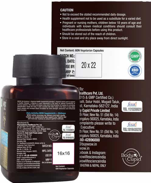 Wow Life Science 1000Mg L-Arginine Amino Acid Supplement Veg Capsules Bottle Of 60