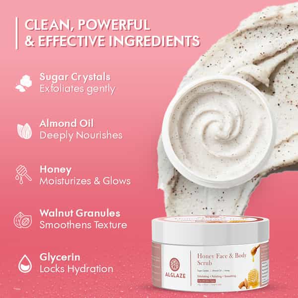 Alglaze Honey Face & Body Scrub | Exfoliating & Smoothing | Sugar Crystals Almond Oil & Honey | 50 G