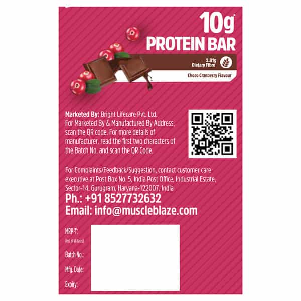 Muscleblaze 10G Protein Bar (Choco Cranberry | Pack Of 6) | Protein Blend