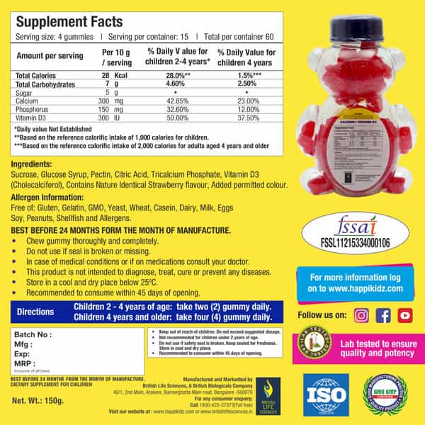Happi Kidz Calcium+Vitamin D3 Gummies&Happi Kids Iron+Vitamin C Gummies Combo