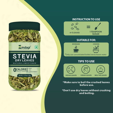 Zindagi Dry Stevia Leaves | Natural Sugarfree Substitute | Stevia Extract|35gm| Pack Of 4