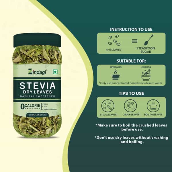 Zindagi Dry Stevia Leaves | Natural Sugarfree Substitute | Stevia Extract|35Gm| Pack Of 4