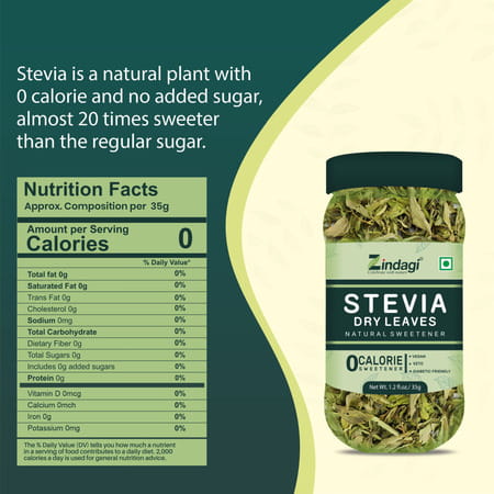 Zindagi Dry Stevia Leaves | Natural Sugarfree Substitute | Stevia Extract|35gm| Pack Of 4