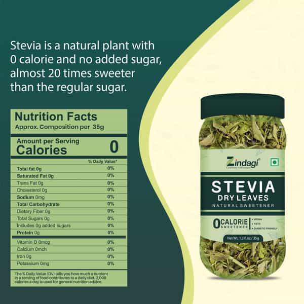 Zindagi Dry Stevia Leaves | Natural Sugarfree Substitute | Stevia Extract|35Gm| Pack Of 4
