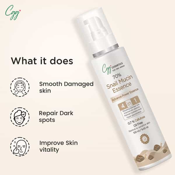 Cgg Cosmetics 70% Snail Mucin Essence( Buy 1 Get1) 0.7 % Cellulose Oil Free- All Skin Types-100Ml