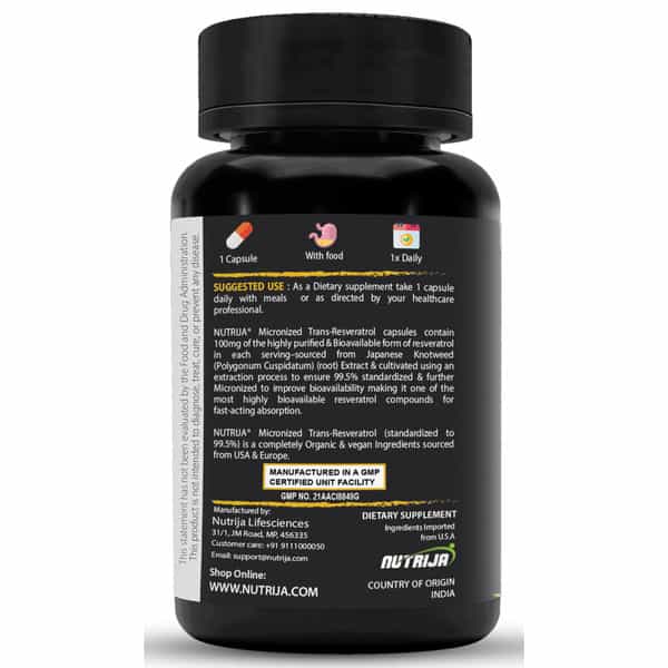 Nutrija Trans Resveratrol 100Mg Capsules - 99.5% Pure Micronized And Highly Bioavailable (30N)