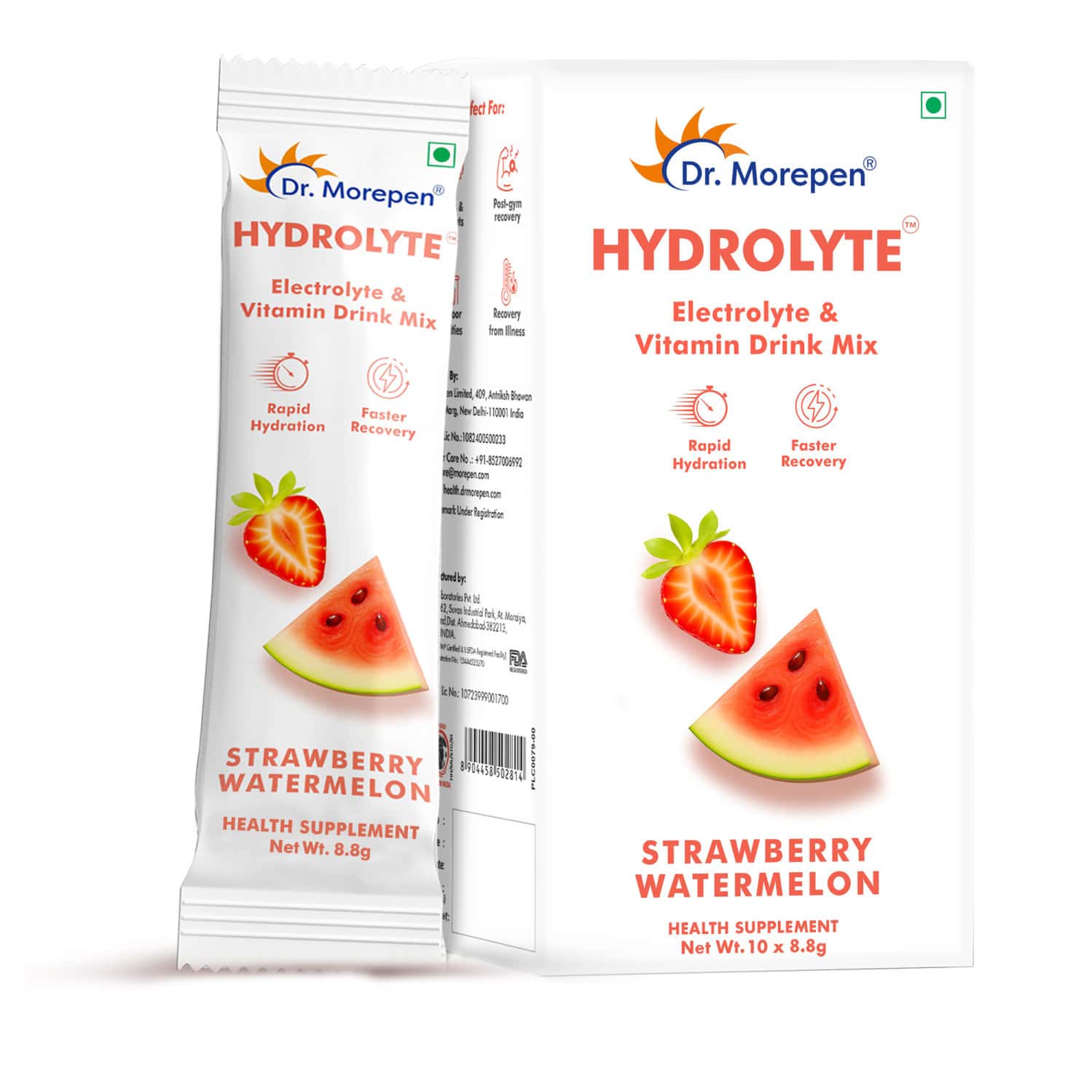 Dr. Morepen Hydrolyte Electrolyte & Vitamin Drink Mix | Strawberry Watermelon - 8.8g X 10 Sachets
