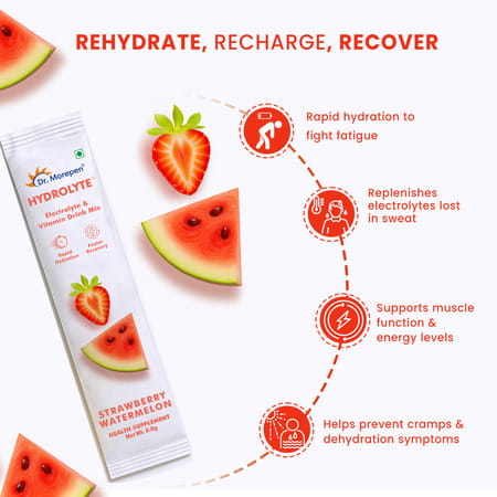 Dr. Morepen Hydrolyte Electrolyte & Vitamin Drink Mix | Strawberry Watermelon - 8.8g X 10 Sachets