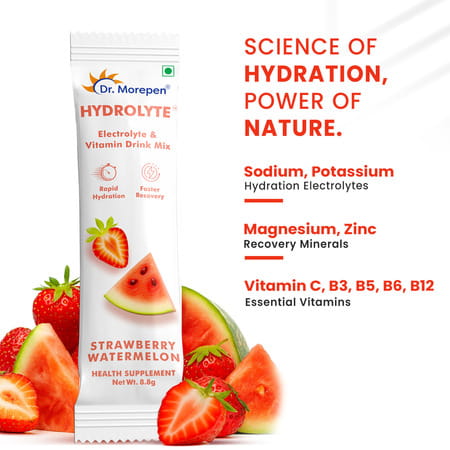 Dr. Morepen Hydrolyte Electrolyte & Vitamin Drink Mix | Strawberry Watermelon - 8.8g X 10 Sachets