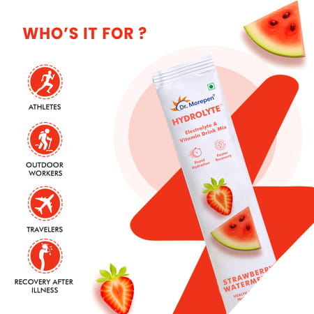 Dr. Morepen Hydrolyte Electrolyte & Vitamin Drink Mix | Strawberry Watermelon - 8.8g X 10 Sachets