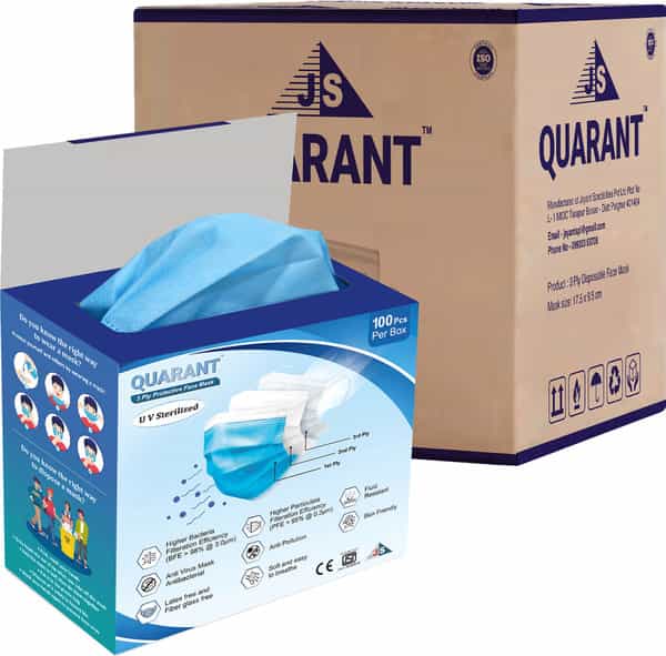 Quarant 3 Ply Protective Surgical Face Mask With Adjustable Nose Pin Uv Sterilized - Pack Of 500