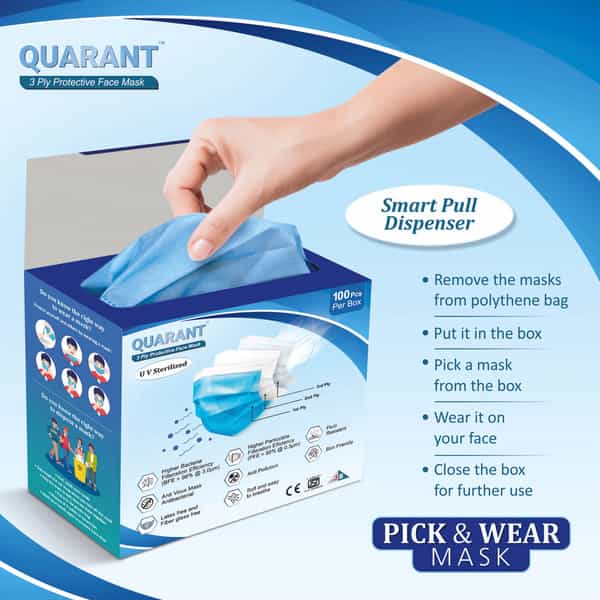Quarant 3 Ply Protective Surgical Face Mask With Adjustable Nose Pin Uv Sterilized - Pack Of 500