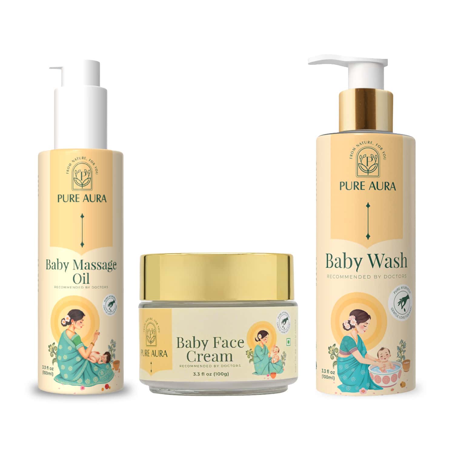 Pure Aura Babys Pure Pampering Package | Ayurvedic Massage Oil| Gentle Baby Wash & Face Cream