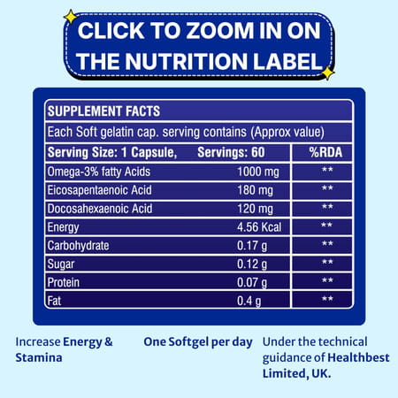 Healthbest Energybest Fish Oil Soft Gel Capsule-Omega 3|Increase Energy & Stamina|1000mg|60 Capsule