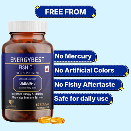 Healthbest Energybest Fish Oil Soft Gel Capsule-Omega 3|Increase Energy & Stamina|1000mg|60 Capsule