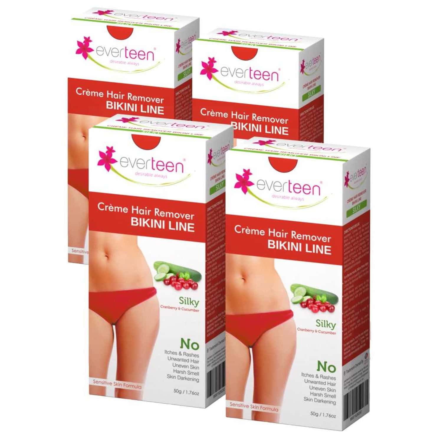 Everteen Silky Bikini Line Hair Remover Cream With Cranberry And Cucumber - 4 Packs (50 G Each)