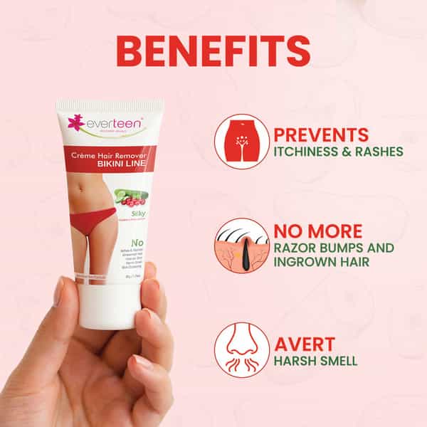 Everteen Silky Bikini Line Hair Remover Cream With Cranberry And Cucumber - 4 Packs (50 G Each)