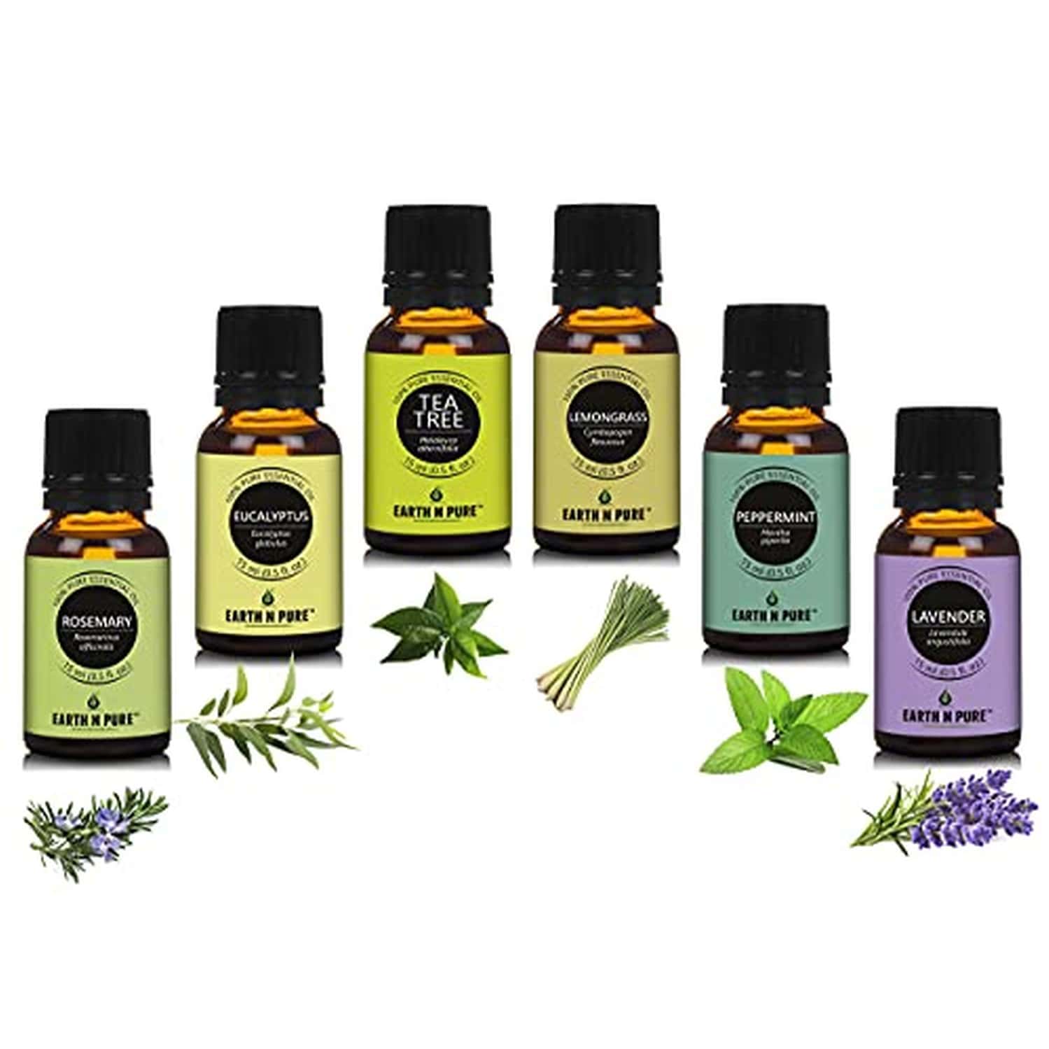Earth N Pure Essential Oils|Rosemary Eucalyptus Tea Tree Lemongrass Pipperment & Lavender|15 Ml Each