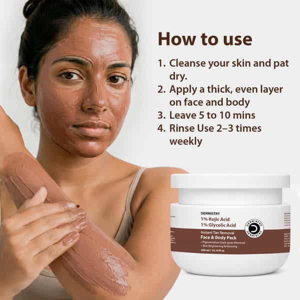Dermistry Kojic & Glycolic Acid De Tan Body Face Pack For Glowing Skin Lightening Brightening 300Ml