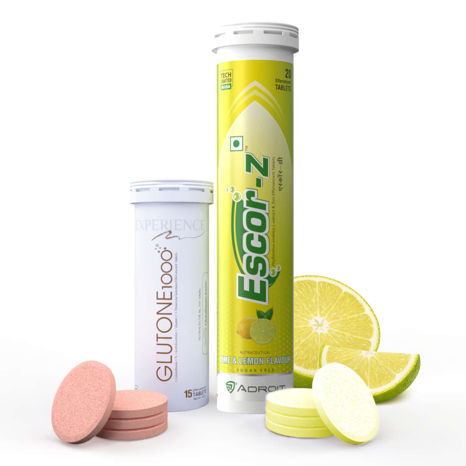 Glutone 1000 & Escor-z Lime & Lemon Flavor Effervescent Tablets Pack Of 2
