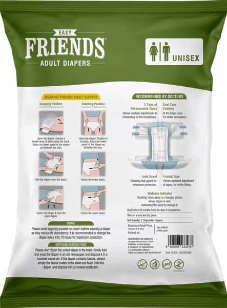 Friends Easy Adult Diapers Tape Style High Absorbency Core 2 Count (Xl) Waist 29.53- 62.99 Inch