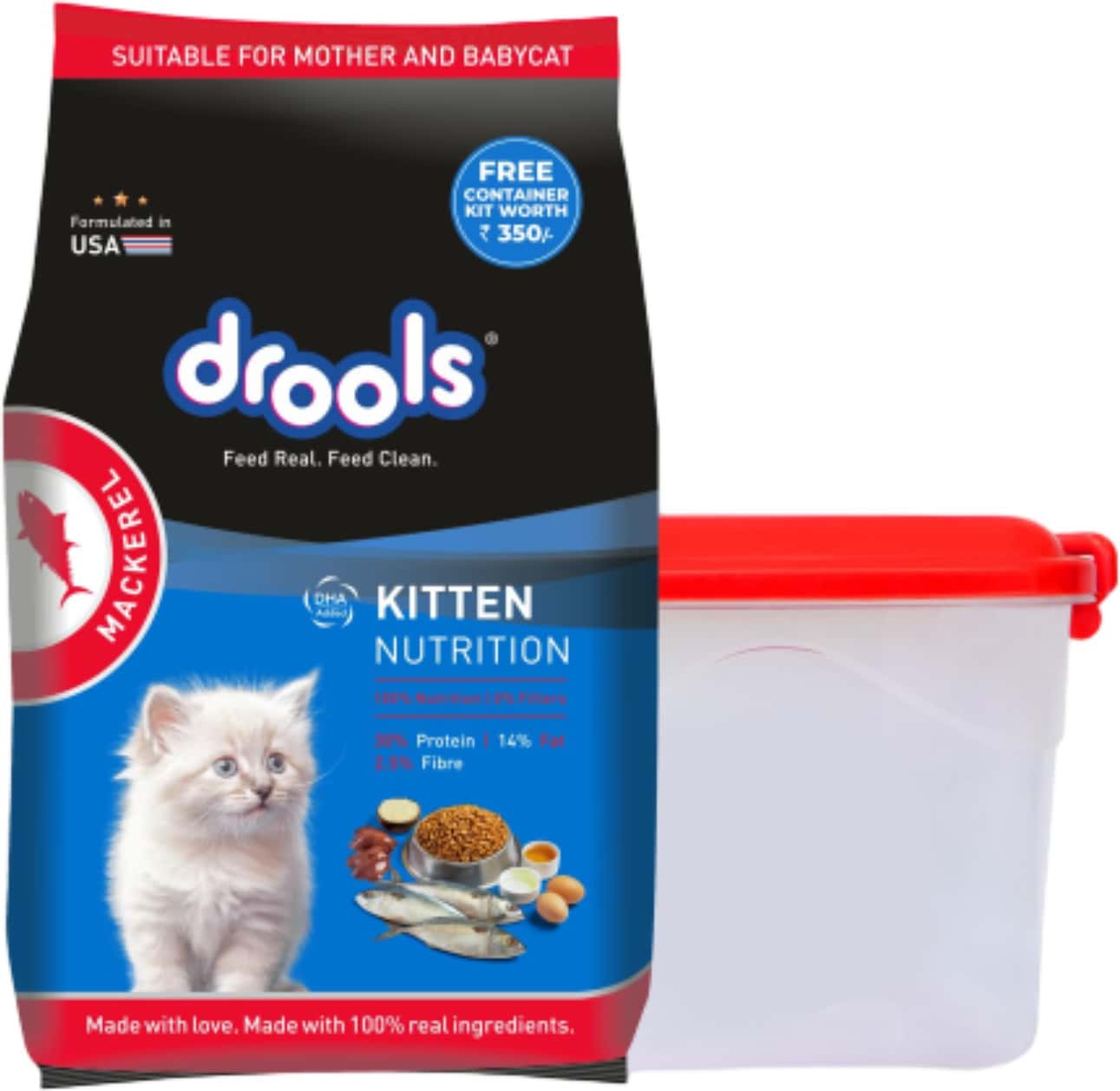Drools Kitten Dry Cat Food | Mackerel Flavour 1 Kg With Free Container Pack
