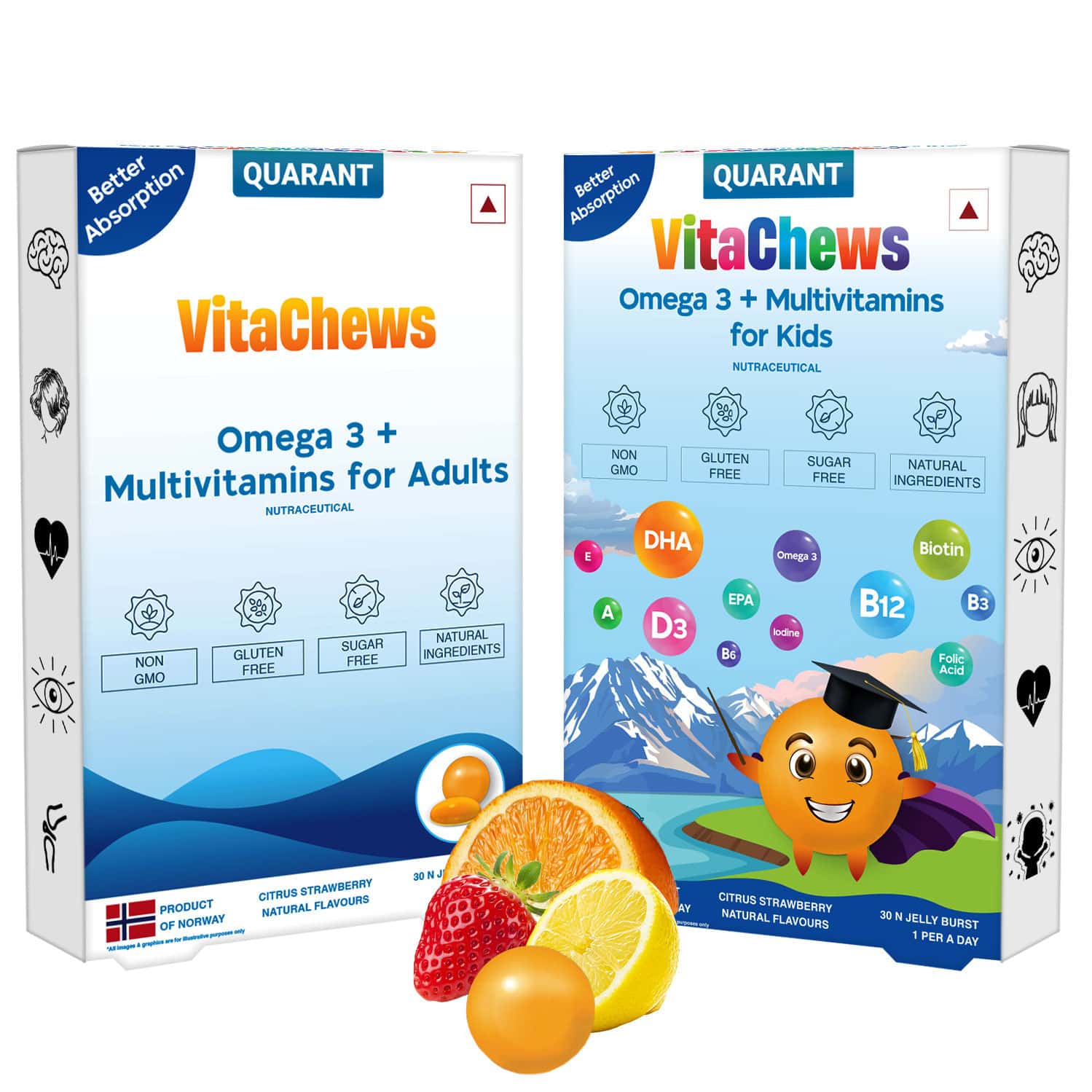 Quarant Vitachews Omega 3 Fish Oil + Multivitamin Combo For Adults & Kids | 60 Sugar Free Gummies