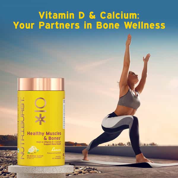 Nutriburst Healthy Muscles & Bones Gummies With Vitamin D & Calcium (2X60 Gummies)(Lemon Flavor)