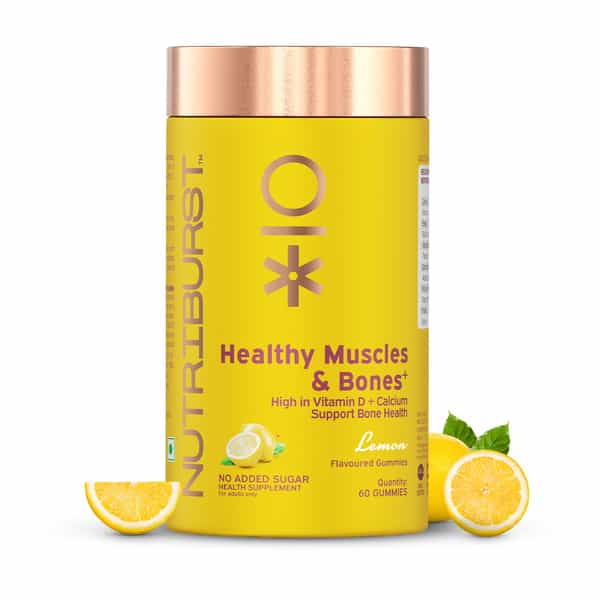 Nutriburst Healthy Muscles & Bones Gummies With Vitamin D & Calcium (2X60 Gummies)(Lemon Flavor)