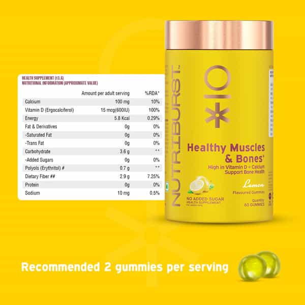Nutriburst Healthy Muscles & Bones Gummies With Vitamin D & Calcium (2X60 Gummies)(Lemon Flavor)